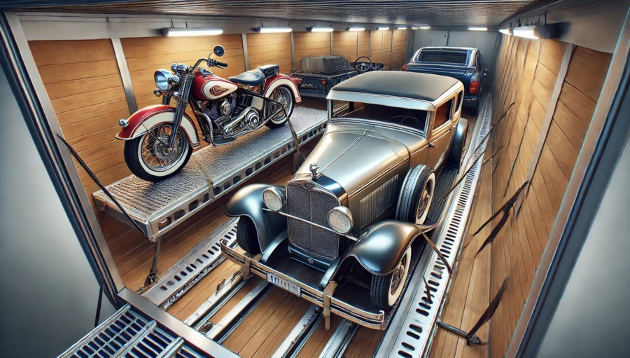 car and motorcycle in moving truck